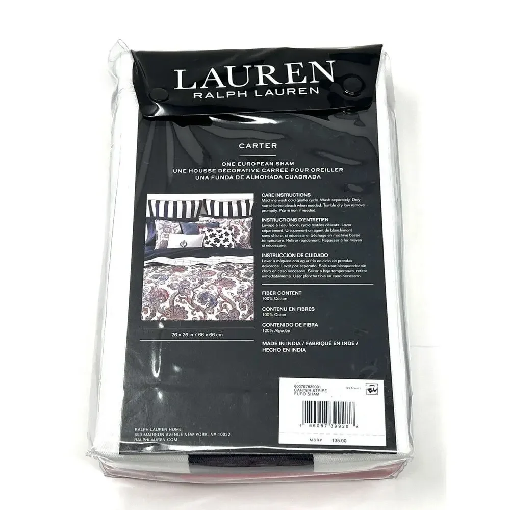 RALPH LAUREN Carter Stripe Euro Sham Navy Blue White 26” X 26” NIP 100% Cotton